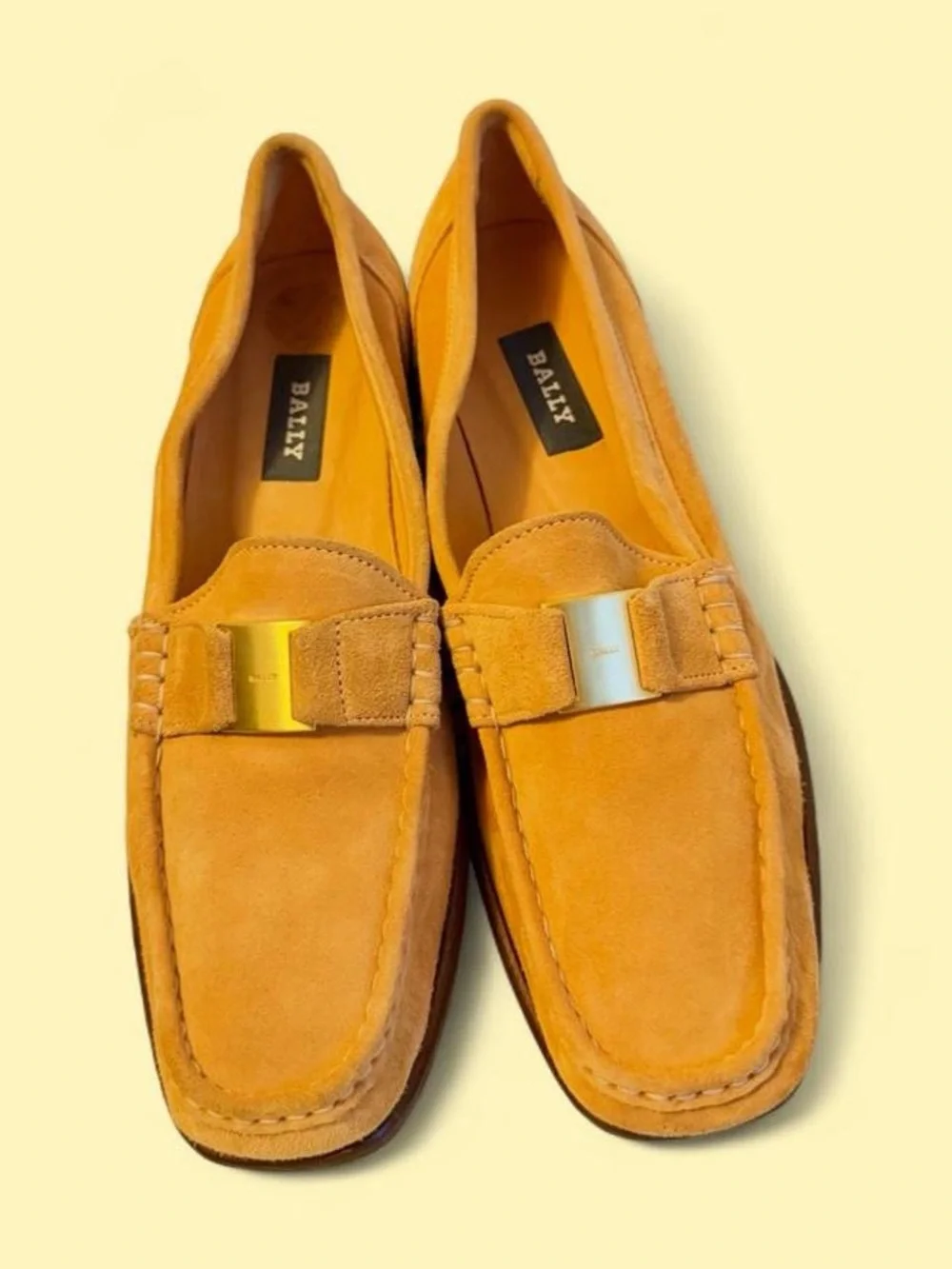Vintage Bally Mustard Suede Loafers with Gold-Tone Bit
